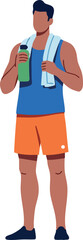 Obraz premium Man holding water bottle with towel wearing blue tank top and orange shorts vector illustration 