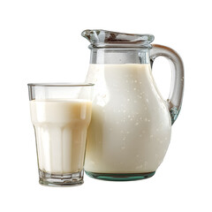 Fresh milk fills a glass and pitcher, shown against a transparent backdrop, transparent background