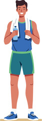 Obraz premium Young man holding water bottle and towel after workout vector illustration 