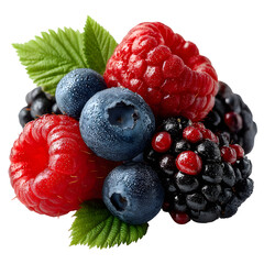 Freshly picked mixed berries create a colorful and appetizing fruit arrangement, transparent background
