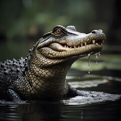 Obraz premium A crocodile partially submerged in still water, eyes locked on the viewer. A close-up of stealth, tension, and primal focus in the wild, captured in haunting photo-realistic detail.