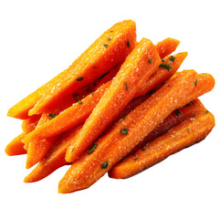 Delicious roasted carrots sprinkled with herbs, showing vibrant orange color on dark backdrop, transparent background