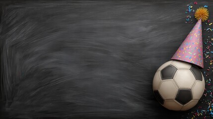 Blackboard background with a soccer ball and party hat
