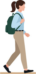 Woman walking with green backpack casual outfit vector illustration side view 