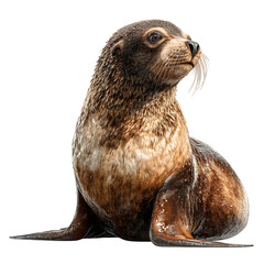 Seated fur seal portrait with transparent background on dark backdrop