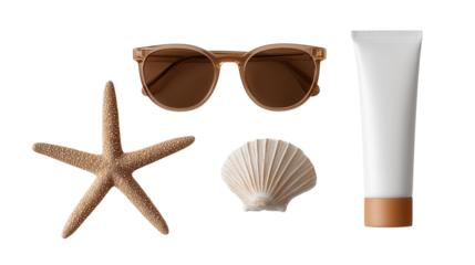 Sunglasses and sunscreen tube flat lay with starfish, minimal beach essentials, white background, PNG