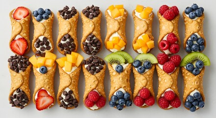A group of cannoli pastries filled with cream and topped with various fruits and chocolate chips neatly arranged