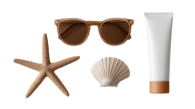 Sunglasses and sunscreen tube flat lay with starfish, minimal beach essentials, white background, PNG