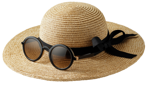Sunhat with black ribbon and summer sunglasses placed on it, isolated on white, PNG 