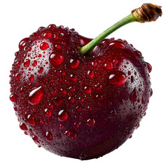 Fresh cherry glistens with water droplets against a dark backdrop, transparent background