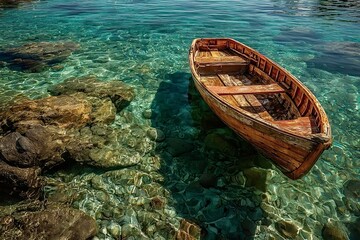 Old wooden rowboat floats serenely on crystal clear turquoise water, the rocky bottom visible beneath, creating a tranquil and picturesque scene