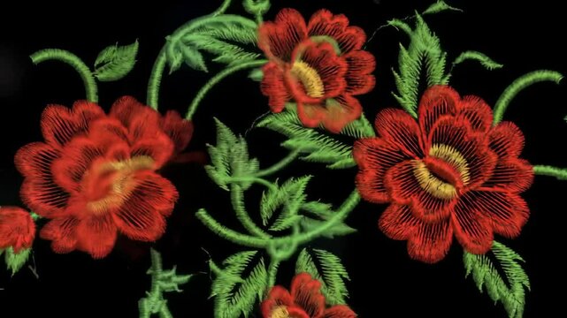 Floral embroidery design with red flowers and green vines on black