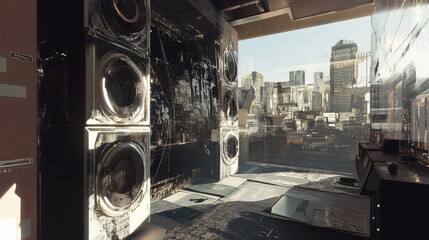 Interior room with futuristic appliances and a cityscape view.