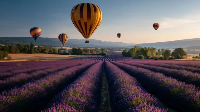 Hot air balloons flying over a vibrant field of purple flowers during sunrise perfect for travel and nature themes