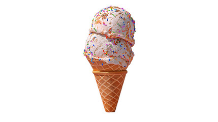 Ice cream cone with double scoop and sprinkles, realistic texture, PNG