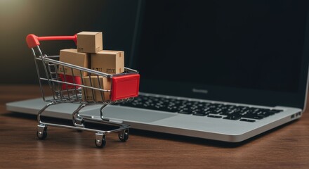 A small shopping cart overflowing with packages stands beside a laptop embodying modern online commerce and convenient delivery