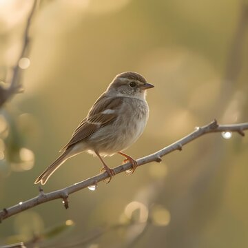 A delicate sparrow perched on a branch in the golden sunrise light. Its finely detailed feathers shimmer warmly, capturing the serene beauty of nature&rsquo;s early morning calm.