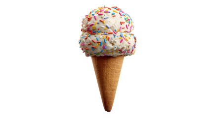 Ice cream cone with double scoop and sprinkles, realistic texture, PNG