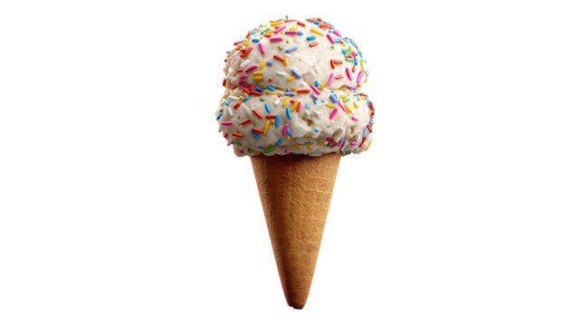 Ice cream cone with double scoop and sprinkles, realistic texture, PNG