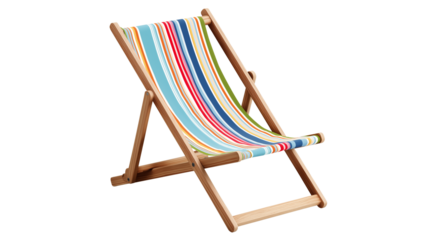 Foldable beach chair with striped fabric, simple design, white background, PNG