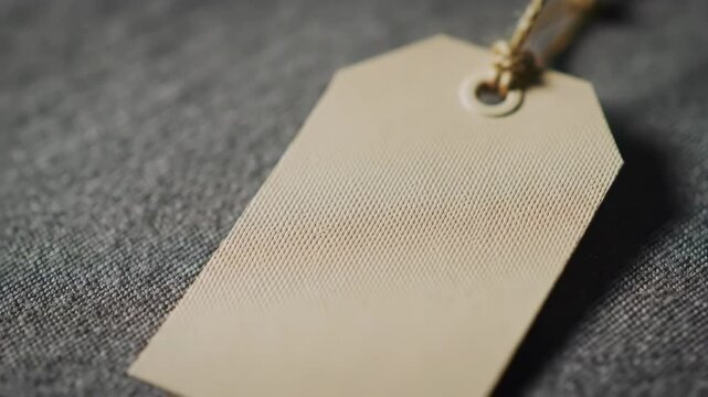 Close up of a blank tag with string on textured gray background