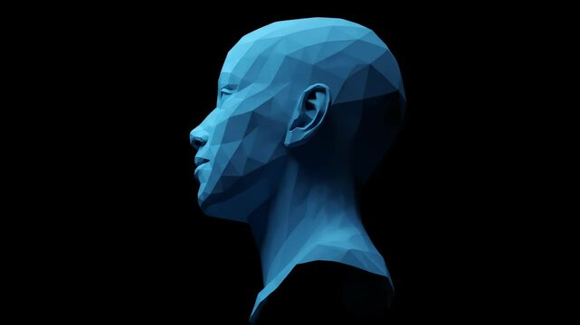 Low-Poly Human Head: A 3D blue abstract polygon face gazes upwards, conveying future tech and artificial intelligence.