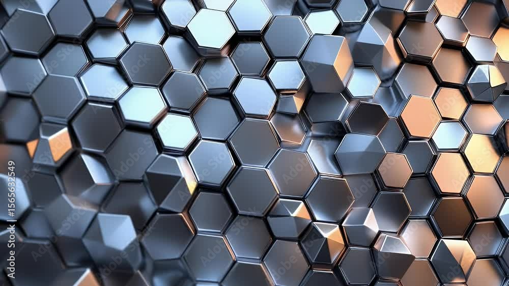 Poster abstract metallic honeycomb pattern with hexagonal cells. irregular surface reflecting light creatin