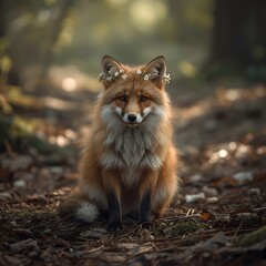 A calm fox with a delicate crown of pastel wildflowers sits on a forest floor bathed in soft sunlight. The serene scene evokes wisdom, tranquility, and natural beauty in a fairy-tale setting.