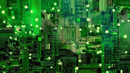 Luminous Green Digital Circuit Board with Glowing Connections