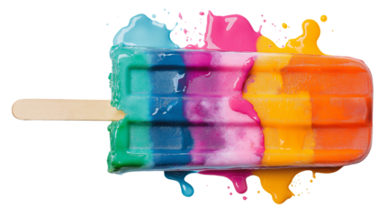 Colorful popsicle with bite mark, dripping, top-down view on white, PNG