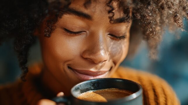 Smiling black young woman smelling freshly brewed coffee with eyes closed in cafeteria. Beautiful african girl smiling while relaxing in a coffee shop. Close up face of girl drinking latte coffee., n