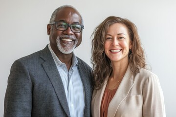 A happy, successful African American man and Caucasian woman stand together, smiling.