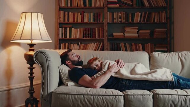 Father and child sleeping together on cozy sofa in warm home library, peaceful bonding moment
