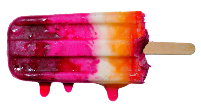 Colorful popsicle with bite mark, dripping, top-down view on white, PNG