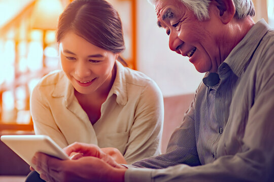 Joyful Grandparent Learning from Young Woman on Tablet