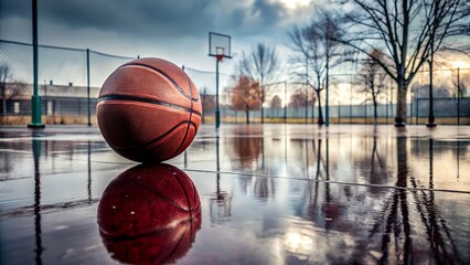 A wet basketball sits on a rainsoaked outdoor court, its reflection visible in the puddles