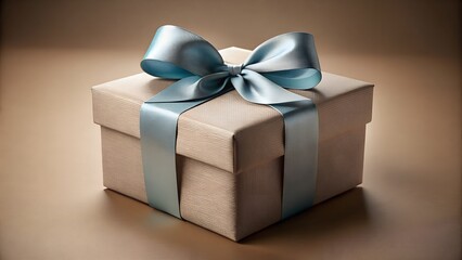 A beige gift box with a light blue ribbon and bow sits on a brown surface