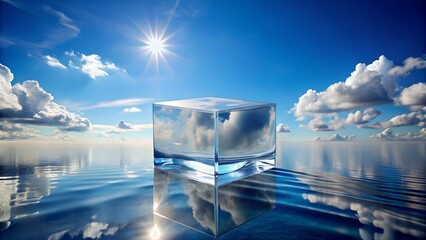 A large ice cube floats in calm blue water under a bright sunny sky with fluffy white clouds