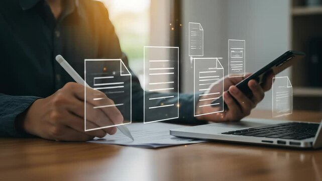 Digital Documentation: A modern man uses a smartphone and digital pen for online data processing on a laptop, merging paperwork with technology. - Powered by Adobe