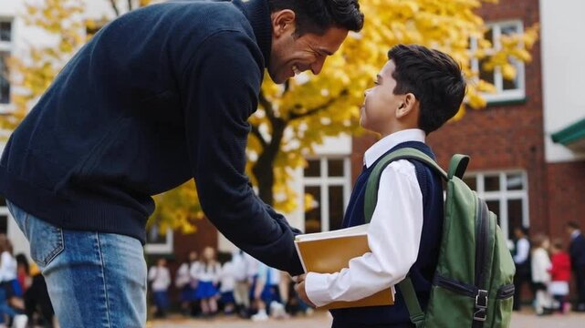 Father saying goodbye to son with backpack outside school building, warm family moment