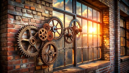 Rusty cogwheels are mounted on a brick wall next to a large window, with the setting sun casting a warm glow through the glass