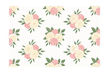 Floral pattern with cream roses pink flowers green leaves on a vector