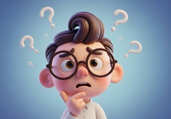 Confused 3D Cartoon Boy with Glasses and Question Marks – Cute Claymation Style