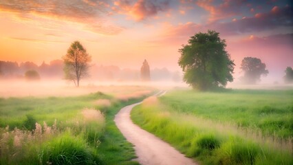 A winding path leads through a misty green field at sunrise, with trees in the distance