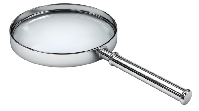 Floating magnifying glass 3D icon, realistic glass lens and metal handle, PNG