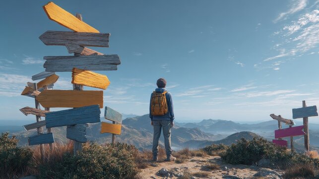A traveler contemplates multiple road signs, indicating various directions amidst a scenic landscape, highlighting the theme of exploration and decision-making.