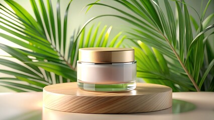 A jar of cosmetic cream sits on a wooden platform surrounded by green leaves, isolated on white background