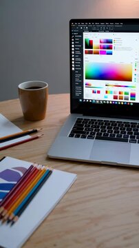 Graphic designer working on color palette on laptop