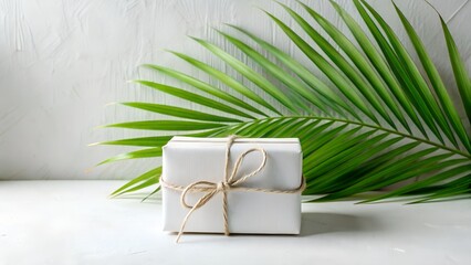 A small white gift box tied with twine rests on a white surface, next to a vibrant green palm leaf