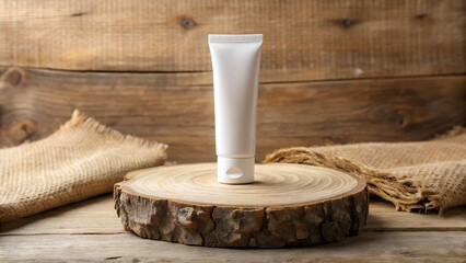 A white cosmetic tube is displayed on a rustic wooden slice, isolated on a wooden background with burlap accents